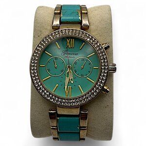 Geneva Authentic Womens Watch 39mm Gold Aqua Dial Rhinestone Bezel 7" Band